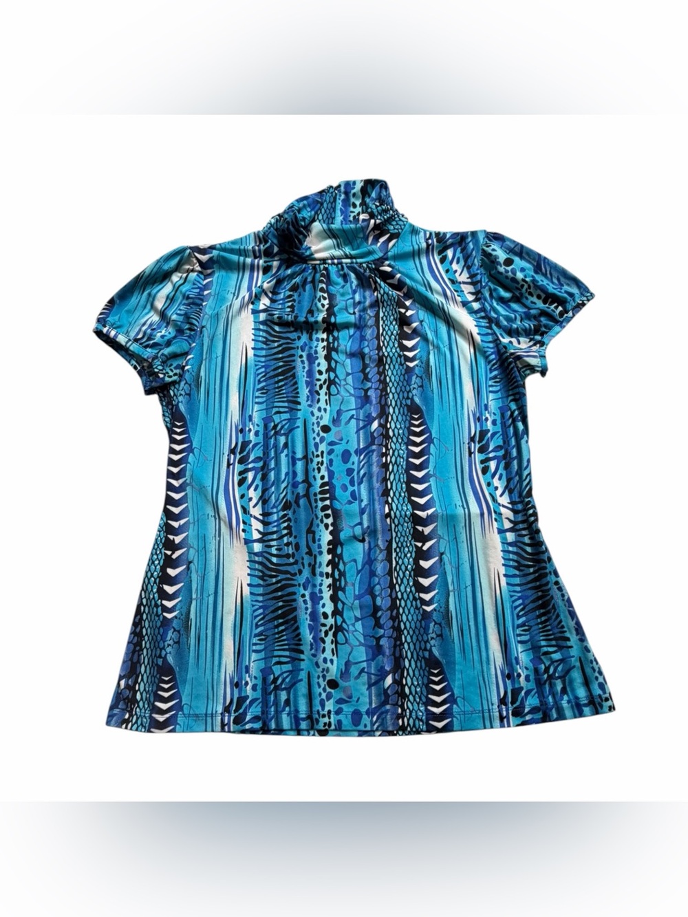 New Directions Blue Mixed Animal Print Mock Neck Blouse Top Size M